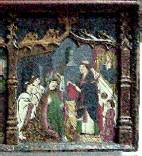 Detalle del retablo gótico (1480) representando al obispo S. Ermengol recogiendo las reliquias
